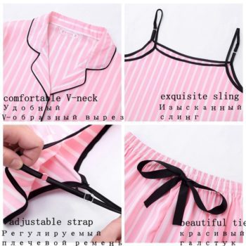JULY'S SONG Pink Women's 7 Pieces Pajamas Sets Emulation Silk Striped Pyjama Women Sleepwear Sets Spring Homewear