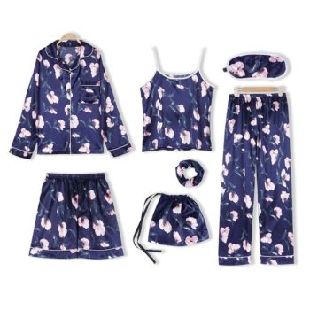 JULY'S SONG Pink Women's 7 Pieces Pajamas Sets Emulation Silk Striped Pyjama Women Sleepwear Sets Spring Homewear