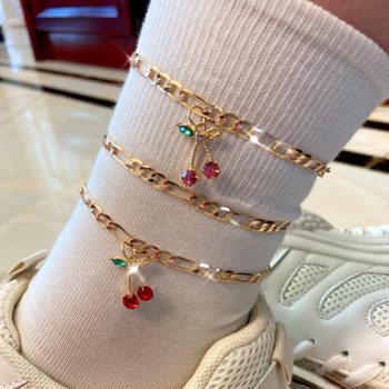 Flatfoosie 2Pcs/Set Fashion Crystal Cherry Anklet for Women Gold Color Sweet Fruit Foot Bracelet Fashion Foot Accessories