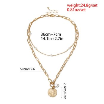 Gothic Baroque Pearl Coin Pendant Choker Necklace for Women Bead Lariat Gold Color Long Chain Necklace