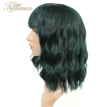 FREEWOMAN Green Synthetic Wig Lolita Short Bob Wig With Bangs Cosplay Water Wave Synthetic Hair Wigs For Women American Style
