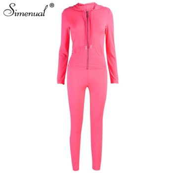Simenual Casual Sporty Hooded Zipper Women Matching Set Long Sleeve Fashion Workout Tracksuits Skinny Top And Pants Co-ord Sets