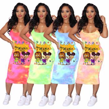 Tie Dye Dress cartoon Pattern Cute Summer Dress 2020 Sexy Vest Beach Maxi Dresses For Women