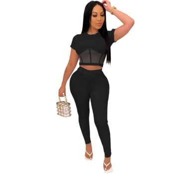 Ribbed Mesh Two Piece Set Women Pants Outfits Bodycon Short Sleeve Crop Top 2 PC Set Jogging Femme