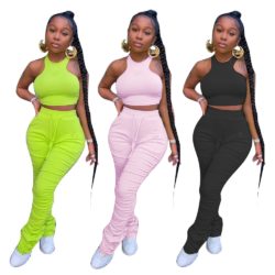 Two Piece Set Women Stacked Pants Leggings Sleeveless Backless Sexy Crop Top Womens Outfits Tracksuit Jogging Femme