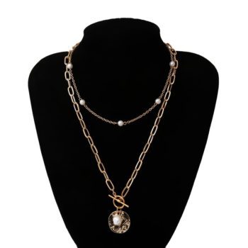 Gothic Baroque Pearl Coin Pendant Choker Necklace for Women Bead Lariat Gold Color Long Chain Necklace