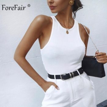 Forefair Ribbed Tank Tops Crop Vest Solid Harajuku Korean Female Off Shoulder Knitted Khaki White Summer Women Tops