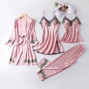 JULY'S SONG New 4 Pieces Women Pajamas Sets Faux Silk Pajamas Sleepwear Sets Elegant Sexy Lace Fashion Homewear