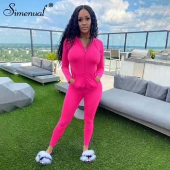 Simenual Casual Sporty Hooded Zipper Women Matching Set Long Sleeve Fashion Workout Tracksuits Skinny Top And Pants Co-ord Sets