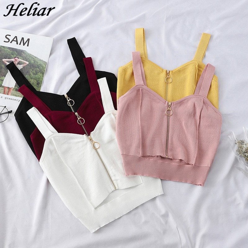 HELIAR Tops Women Crop Top Zipper Knitting Camisole With Hole Female Tank Tops Ladies Sleeveless Solid Strap Top Women