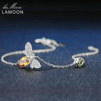 LAMOON Cute Bee 925 Sterling Silver Bracelet Woman love Citrine Gemstones Jewelry 14K Gold Plated Designer Jewellery LMHI002