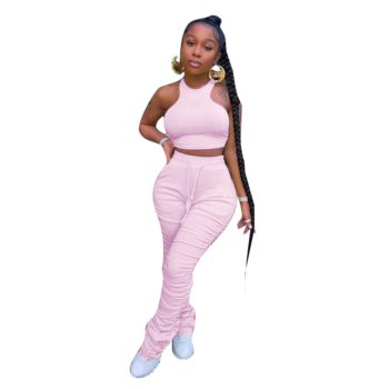 Two Piece Set Women Stacked Pants Leggings Sleeveless Backless Sexy Crop Top Womens Outfits Tracksuit Jogging Femme