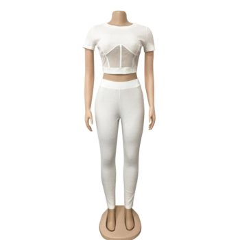 Ribbed Mesh Two Piece Set Women Pants Outfits Bodycon Short Sleeve Crop Top 2 PC Set Jogging Femme