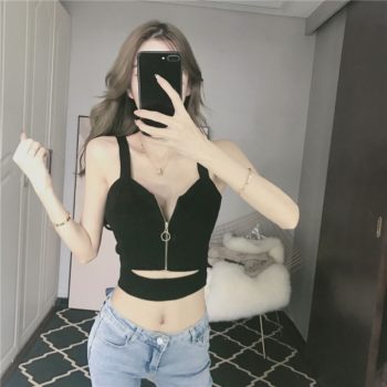 HELIAR Tops Women Crop Top Zipper Knitting Camisole With Hole Female Tank Tops Ladies Sleeveless Solid Strap Top Women