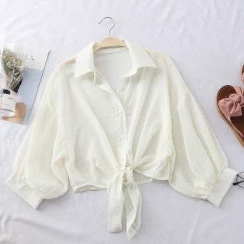 HELIAR Chiffon Shirts Women Half Sleeve Buttoned Up Shirt Loose Casual Blouse Tied Waist Elegant Blouses For Women