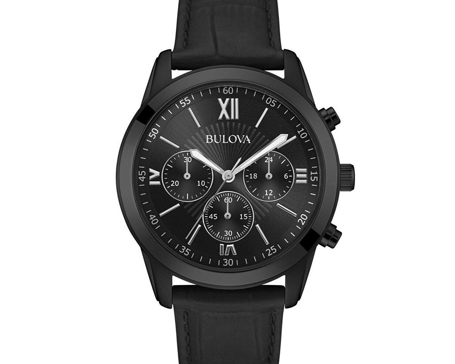 Bulova Men's Quartz Chronograph Black Dial Black Leather 40mm Watch 98A152