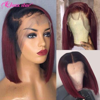 13x4 Straight Burgundy Bob Lace Front Wigs 99J Lace Front Human Hair Wigs Brazilian Pre plucked 150% Density Jazz Star Non-Remy