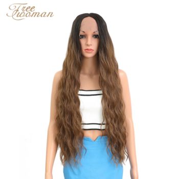 FREEWOMAN 42inch Synthetic Lace front Wigs Long Deep Wave Ombre Wigs For Black Women Kanekalon Cosplay Wig Fake Hair Black Brown