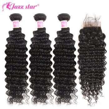 Brazilian Deep Wave Bundles With Closure Non-Remy Human Hair 3 and 4 Bundles With Lace Closure Queen Mary Human Hair Extensions Middle Part