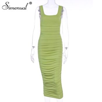 Simenual Ruched Solid Bodycon Party Dresses Women Fashion Sleeveless Skinny Clubwear Basic Hot Midi Dress Slim Female