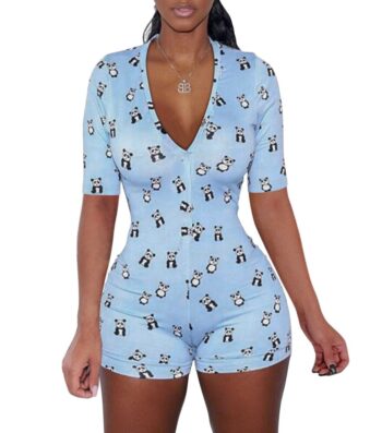 Women's Sexy Deep V Neck Shorts Jumpsuit Floral Long Sleeve Home Wear Bodysuit One Piece Pajama Overall Outfits