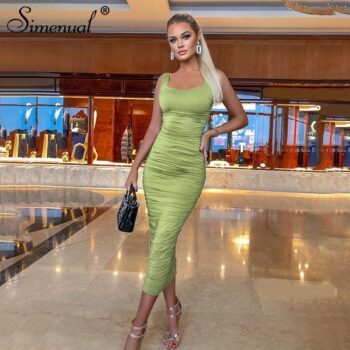 Simenual Ruched Solid Bodycon Party Dresses Women Fashion Sleeveless Skinny Clubwear Basic Hot Midi Dress Slim Female