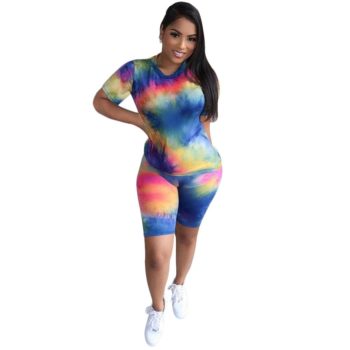 Tie Dye Two Piece Set For Women Summer Clothes TShirts Biker Shorts Set Tracksuit Casual Matching Sets Jogging Femme 2020