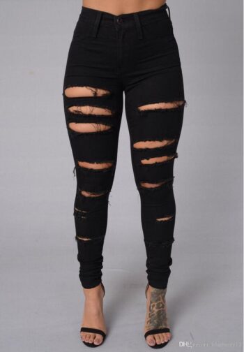 High Street Women Skinny Jeans Ripped Skin Tight Jeans Fashion Black and White Pencil Denim Pants
