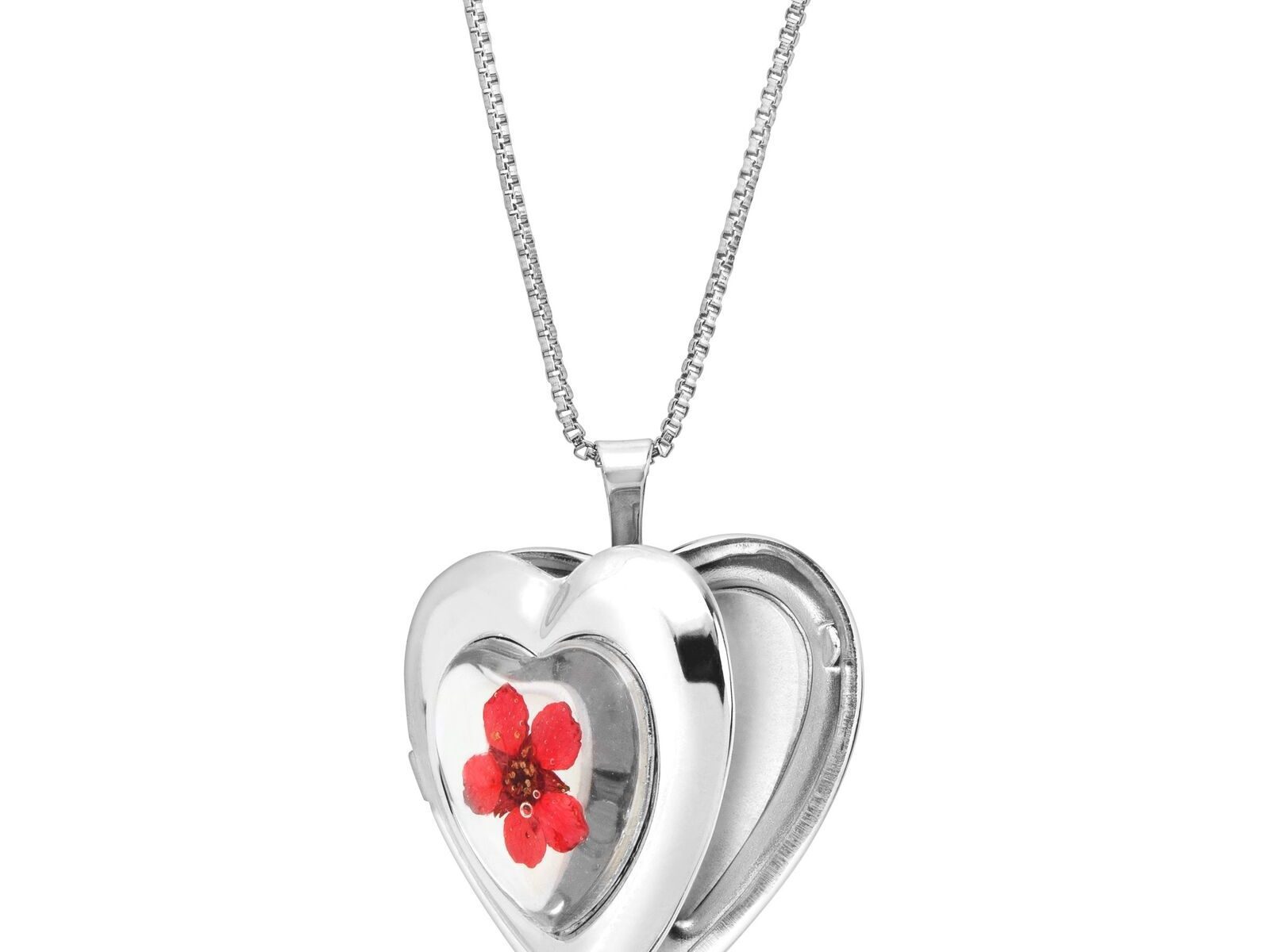 Dried Red Flower Heart Locket in Sterling Silver