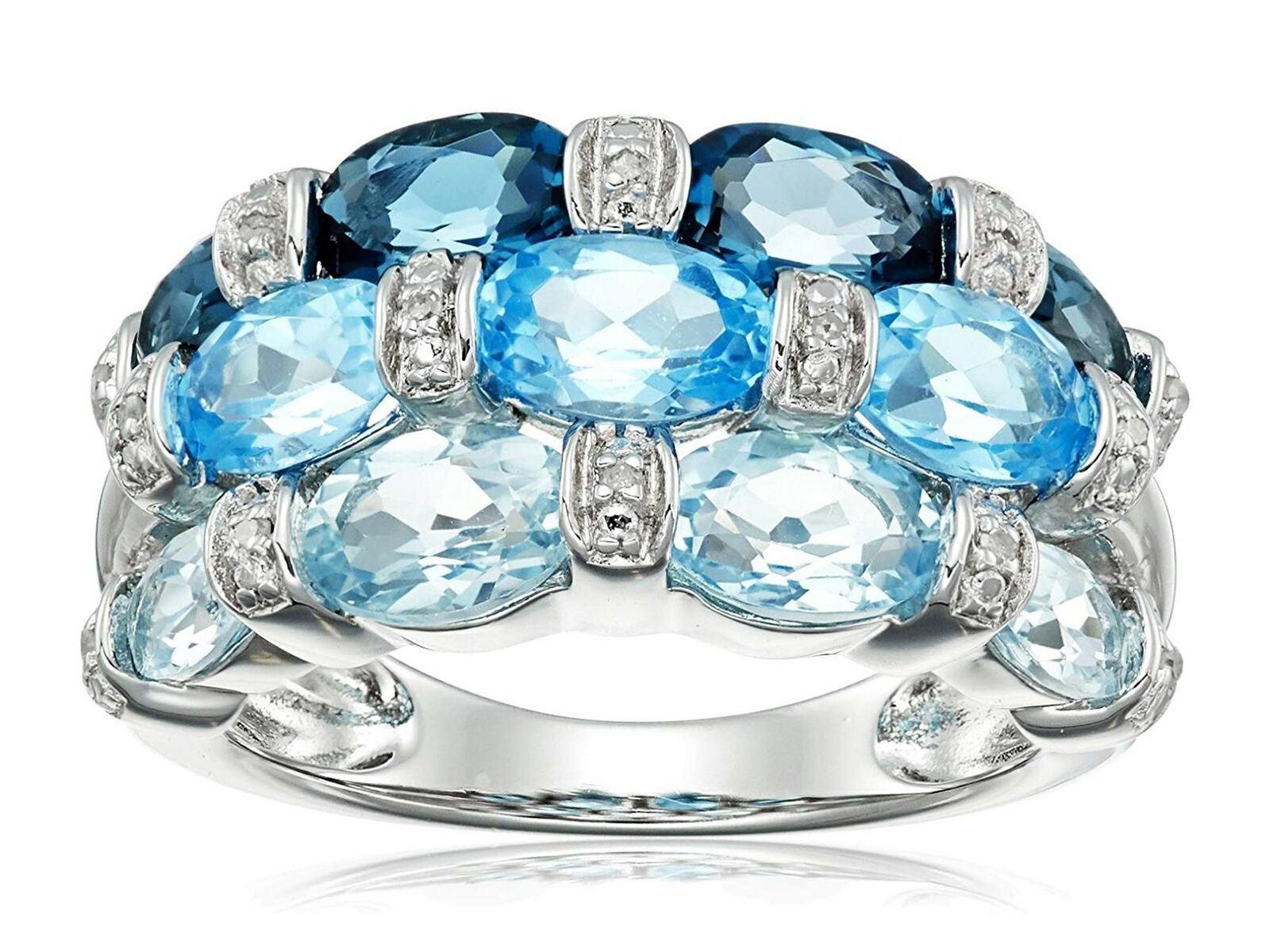 Natural Mixed Blue Topaz Ring with Diamonds in Sterling Silver