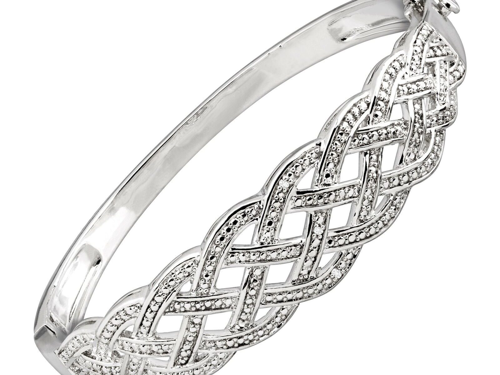 Woven Bangle Bracelet with Diamonds in Rhodium-Plated Brass