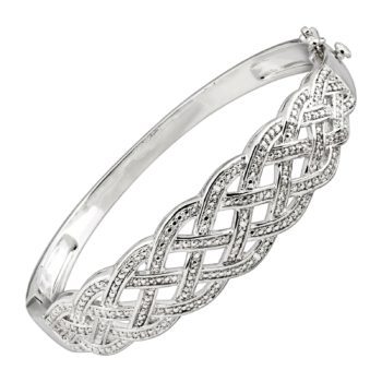 Woven Bangle Bracelet with Diamonds in Rhodium-Plated Brass