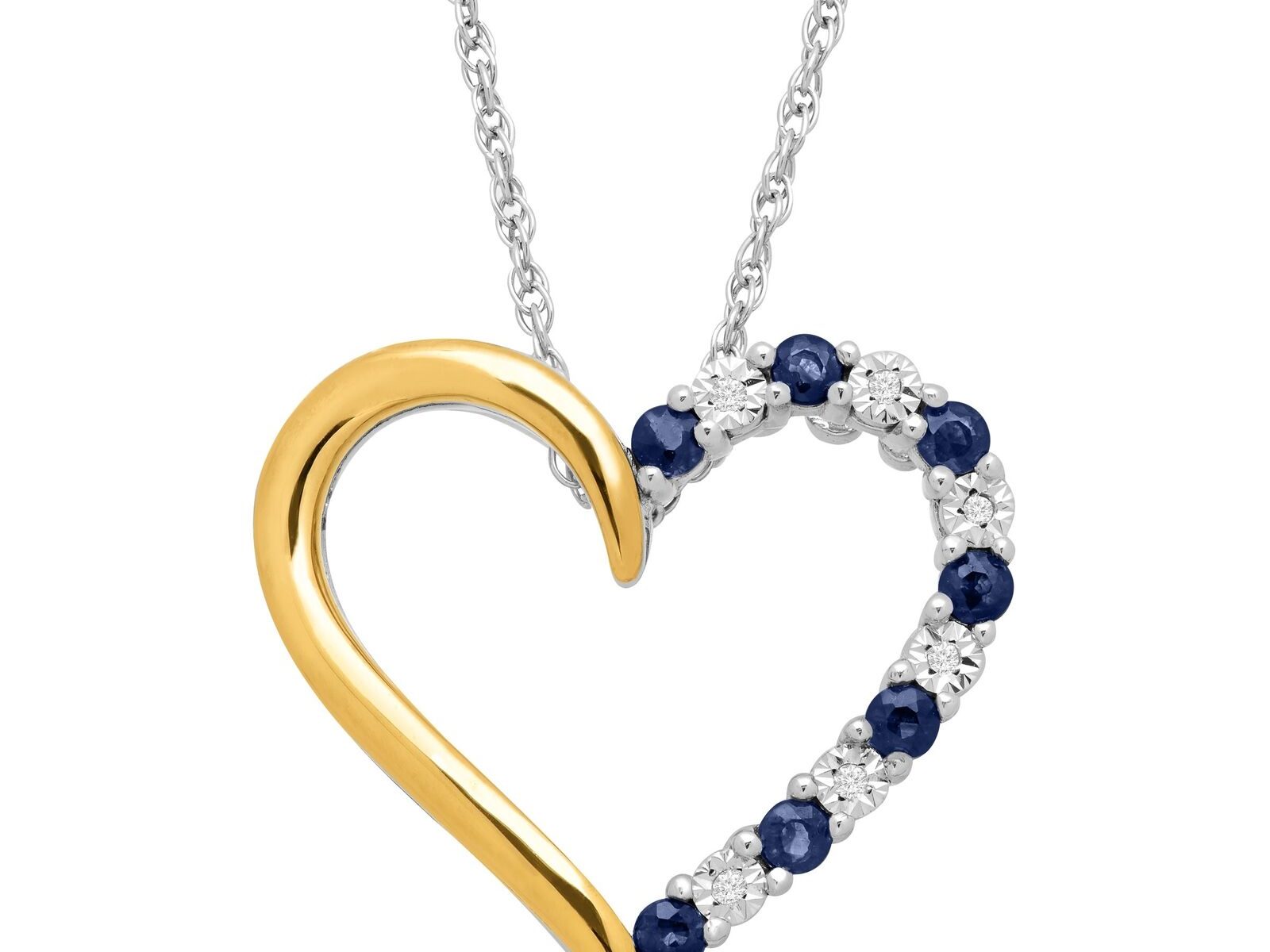 Natural Sapphire Open Heart Pendant with Diamonds in Sterling Silver & 14K Gold
