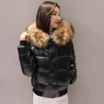 Fashion Winter Jacket Women Big Fur Hooded Thick Down Parkas Glossy Female Jacket short Coat slim Warm Winter Outwear 2020 New