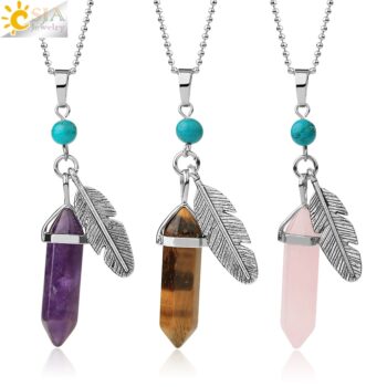CSJA Natural Stone Pendant Necklaces Healing Pointed Reiki Pink Quartz Hexagonal Crystal Pillar Feather Charm Jewelry Women G576