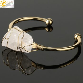 CSJA Natural Stone Bangle Gold-color Wire Wrap Irregular Crystal Quartz Cuff Copper Bracelets for Women Girls Kids Jewelry G327